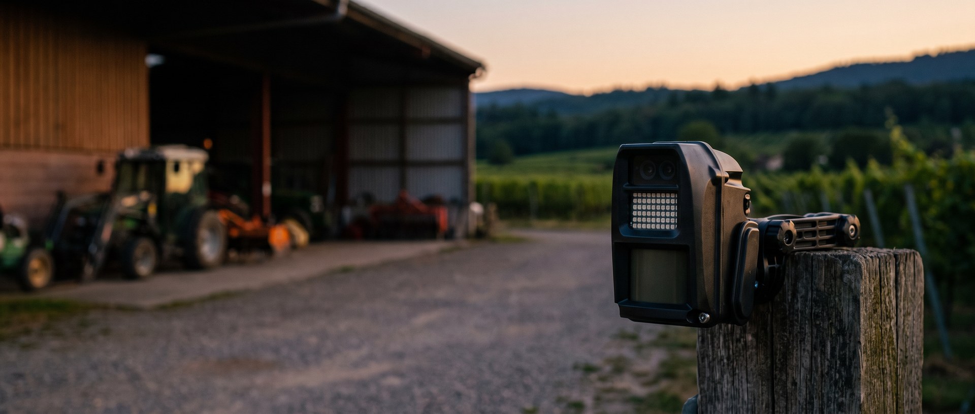 Détecteur-caméra autonome Reconeyez fixé sur un poteau à l'entrée d'une exploitation viticole, au crépuscule