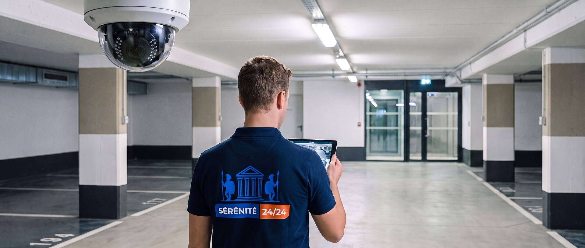 Caméra dôme au plafond du parking d'une copropriété, technicienne de Sérénité 24H24 contrôlant l'image sur une tablette