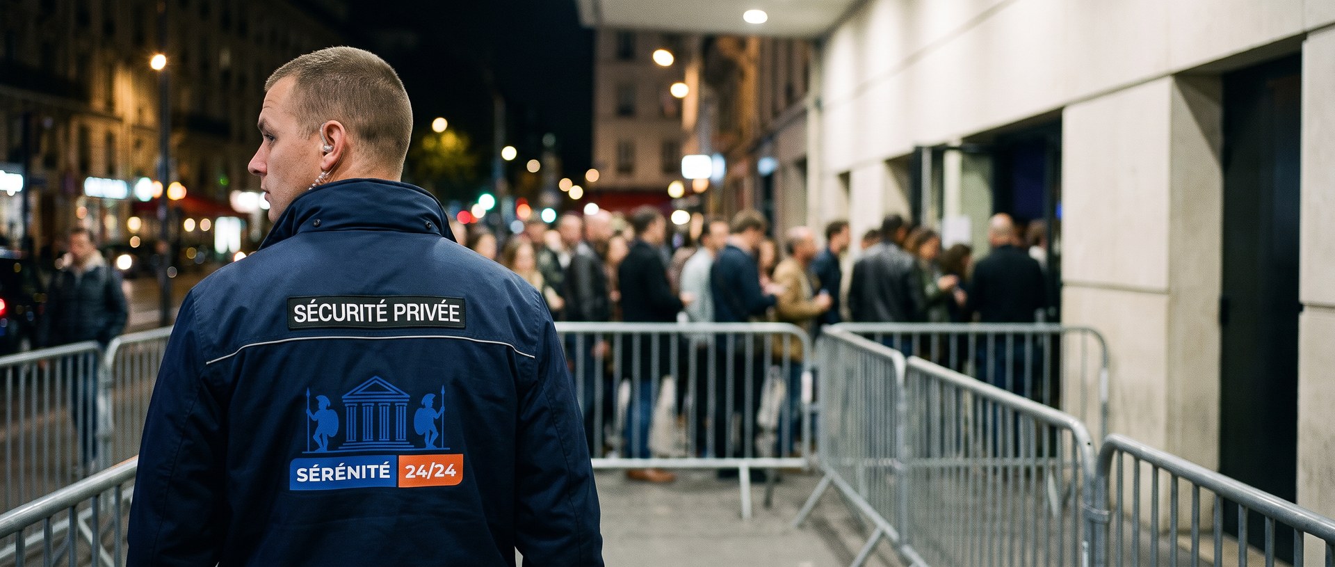 Agent de Sérénité 24H24 veillant sur la file d'entrée d'une salle de spectacle, le soir