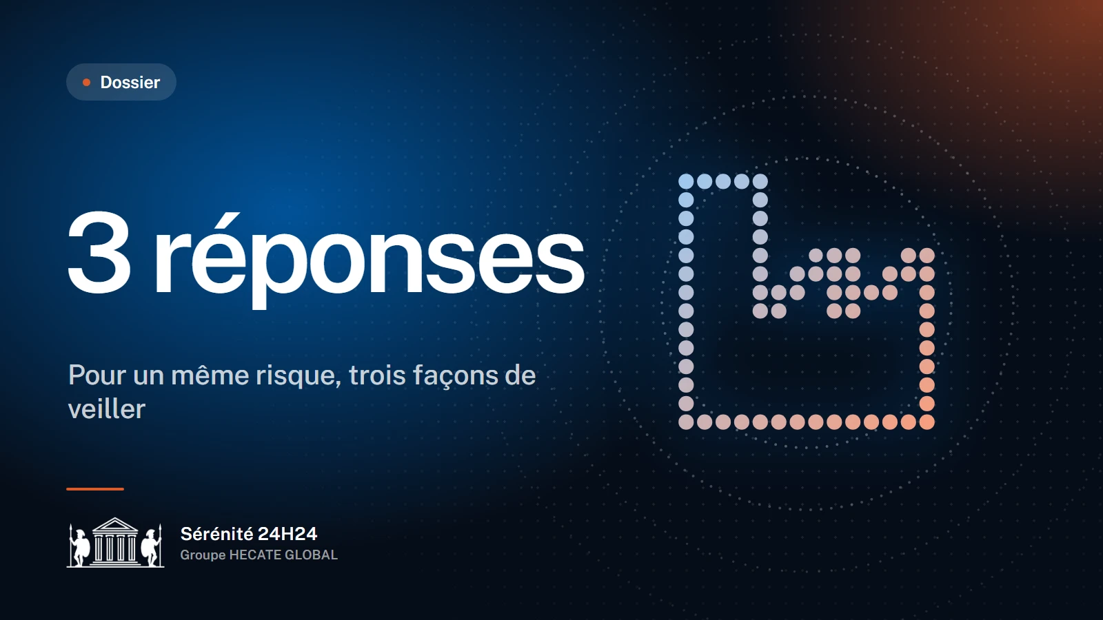 Une usine dessinée en pointillés, à côté de la mention « 3 réponses », les trois façons de protéger un entrepôt.