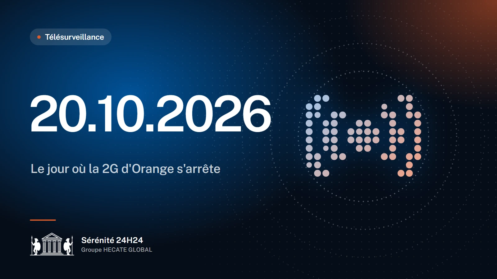 Une antenne relais dessinée en pointillés et la date du 20 octobre 2026, jour annoncé de l'arrêt complet de la 2G d'Orange.