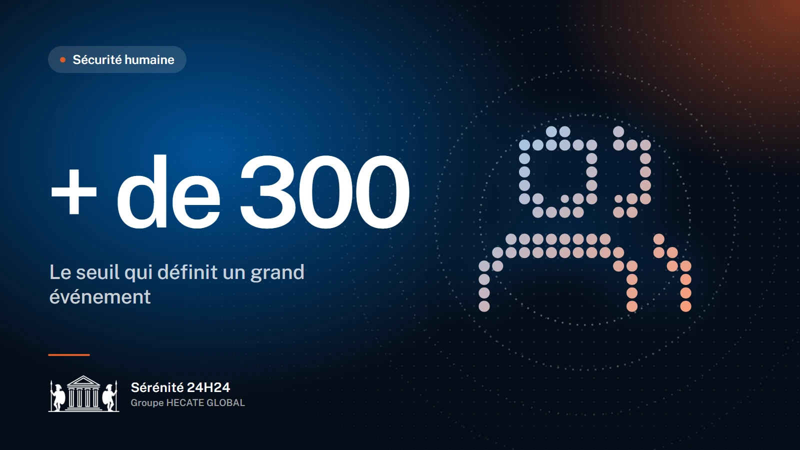 Une foule stylisée en pointillés et le seuil de plus de 300 personnes, à partir duquel s'applique la spécialité « surveillance de grands événements ».